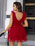 Summer Women Mesh Suspender V-neck Cascading Ruffles Dress