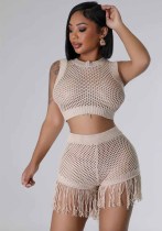 Women knitting Crochet hollow tassel sexy Top and shorts two-piece set