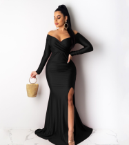 Women Sexy V-Neck Dress Solid Slit Long Sleeve Maxi Dress Women Sexy V-Neck Dress Solid Slit Long Sleeve Maxi Dress