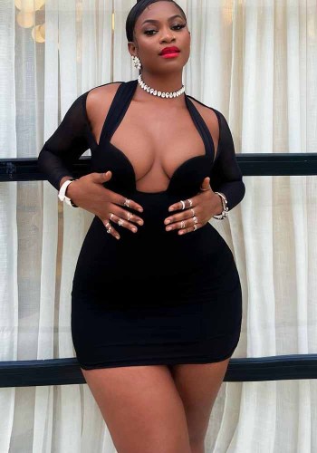 Women Halter Neck Sexy Mesh Patchwork Long Sleeve Bodycon Dress