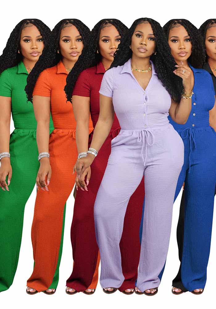 Women short-sleeved loose pleated v-neck shirt and trousers two-piece set