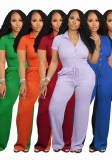 Women short-sleeved loose pleated v-neck shirt and trousers two-piece set