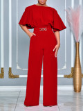 Plus Size African Women Summer Round Neck Solid Wide Leg Jumpsuit