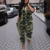 Women Turndown Collar Loose Irregular Print Jumpsuit