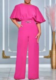 Plus Size African Women Summer Round Neck Solid Wide Leg Jumpsuit