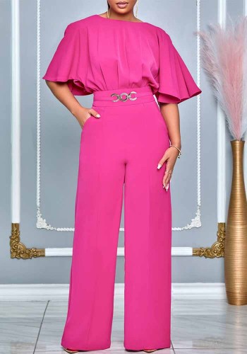 Plus Size African Women Summer Round Neck Solid Wide Leg Jumpsuit