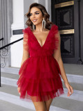 Summer Women Mesh Suspender V-neck Cascading Ruffles Dress