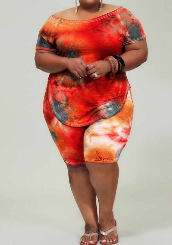 Plus Size Women Casual Tie Dye Print Top and Shorts Two-piece Set