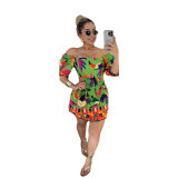 Women Printed Backless Balloon Sleeve Off Shoulder Two-Wear Dress
