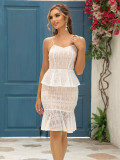 Women Summer Herringbone Belted Ruffle Strapless Dress