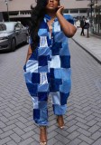 Women Turndown Collar Loose Irregular Print Jumpsuit