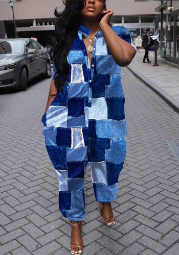 Women Turndown Collar Loose Irregular Print Jumpsuit