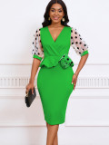 Women Summer mesh flocked puff sleeves V-neck Bodycon dress
