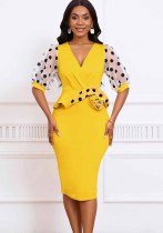 Women Summer mesh flocked puff sleeves V-neck Bodycon dress