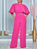 Plus Size African Women Summer Round Neck Solid Wide Leg Jumpsuit
