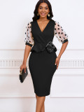 Women Summer mesh flocked puff sleeves V-neck Bodycon dress