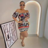Women Printed Backless Balloon Sleeve Off Shoulder Two-Wear Dress