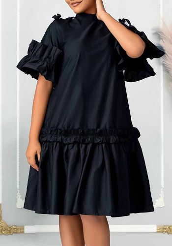 Women Summer Solid Ruffle Edge African Dress