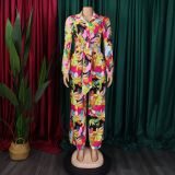 Women Printed Turndown Collar Lace-Up Shirt Wide Leg Pants Two-Piece Set