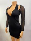 Women Halter Neck Sexy Mesh Patchwork Long Sleeve Bodycon Dress