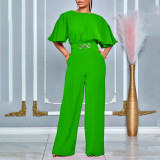 Plus Size African Women Summer Round Neck Solid Wide Leg Jumpsuit