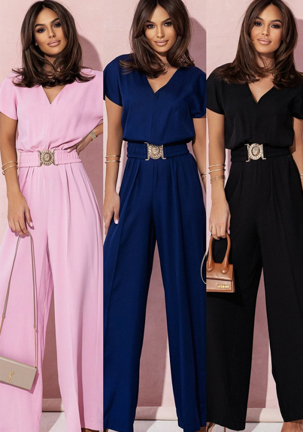 Fashionable Short-Sleeved V-Neck Solid Color Slim-Fit Jumpsuit