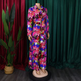 Women Printed Turndown Collar Lace-Up Shirt Wide Leg Pants Two-Piece Set