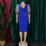 Women Summer mesh flocked puff sleeves V-neck Bodycon dress