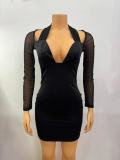 Women Halter Neck Sexy Mesh Patchwork Long Sleeve Bodycon Dress