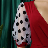 Women Summer mesh flocked puff sleeves V-neck Bodycon dress