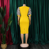 Women Summer mesh flocked puff sleeves V-neck Bodycon dress