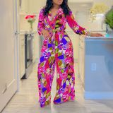 Women Printed Turndown Collar Lace-Up Shirt Wide Leg Pants Two-Piece Set