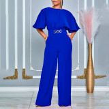 Plus Size African Women Summer Round Neck Solid Wide Leg Jumpsuit