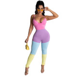 Spring Summer Women's Multicolor Patchwork Strap Sexy Jumpsuit