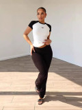 Women's Spring Summer Color Matching Sports Dance Fitness Yoga Short-Sleeved Two-Piece Pants Set