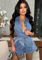 Sleeveless Belt Waist Slim Fit Stretch Washed Denim Short Jumpsuit