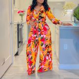 Women Printed Turndown Collar Lace-Up Shirt Wide Leg Pants Two-Piece Set