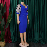 Women Summer mesh flocked puff sleeves V-neck Bodycon dress