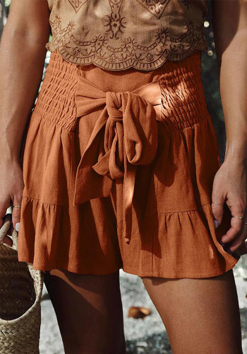 Spring Summer Women's Fashion Chic Solid Color Cotton Wrinkle Slim Waist Lace-Up Shorts