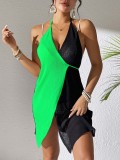 Hollow Blouse Cover-Up Women's Contrast Color Patchwork Sexy Halter Neck Lace-Up Irregular Dress