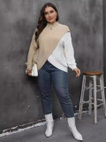 Plus Size Women's Autumn Winter Pullover Tops Contrast Color Patchwork Crossover Woven Sweater