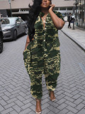 Women Turndown Collar Loose Irregular Print Jumpsuit