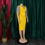 Women Summer mesh flocked puff sleeves V-neck Bodycon dress