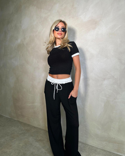 Spring Summer Style Round Neck Contrast Color Short Sleeve Top Women's Fashion Casual Wide Leg Pants Sports Two Piece Set