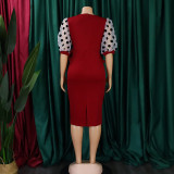 Women Summer mesh flocked puff sleeves V-neck Bodycon dress