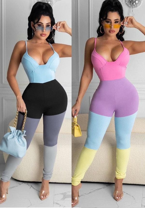 Spring Summer Women's Multicolor Patchwork Strap Sexy Jumpsuit