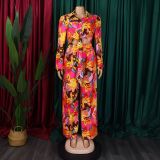Women Printed Turndown Collar Lace-Up Shirt Wide Leg Pants Two-Piece Set