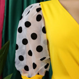 Women Summer mesh flocked puff sleeves V-neck Bodycon dress