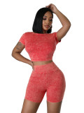 Fashionable Women's Clothing Solid Color Cotton Blending Short Sleeve High-Waisted Two-Piece Shorts Set