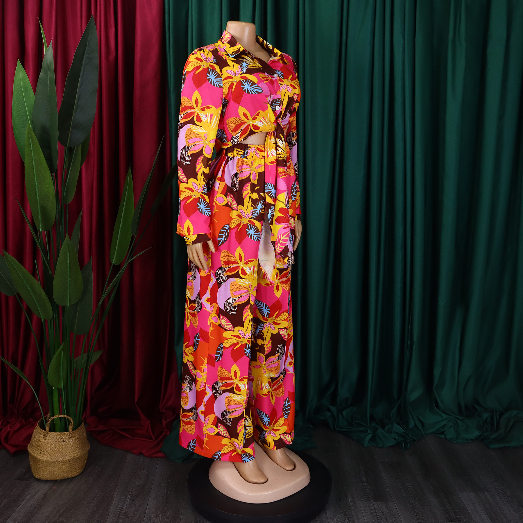 Women Printed Turndown Collar Lace-Up Shirt Wide Leg Pants Two-Piece Set